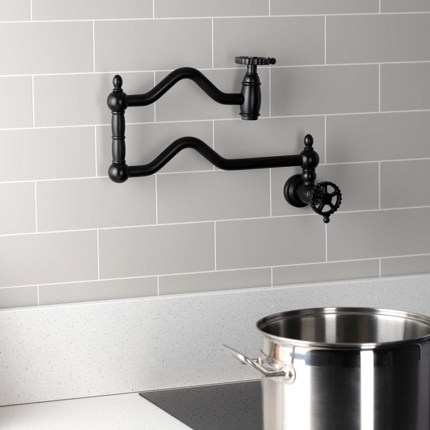 Kingston Tulare KS2100CG - Fuller Two-Handle 1-Hole Wall Mount Pot Filler Faucet, Matte Black — thumbnail 3